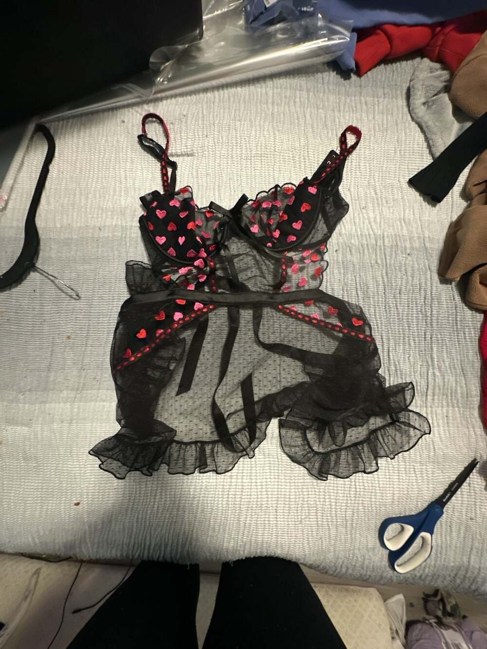 Victoria's Secret Black and Red Heart Embroidered Mesh Babydoll Lingerie
